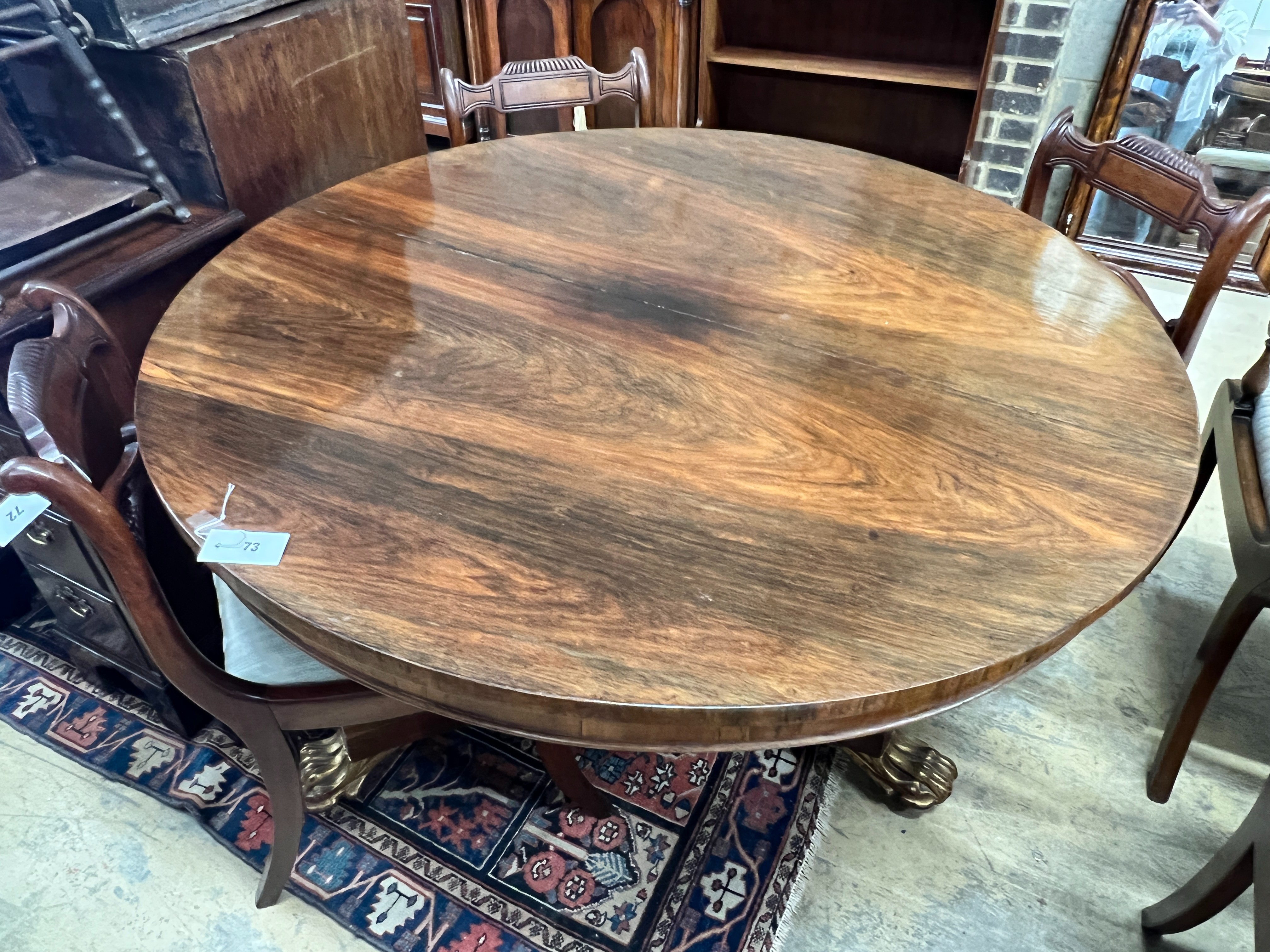 A Regency and later circular parcel gilt rosewood breakfast table (no bolts), diameter 122cm, height 73cm